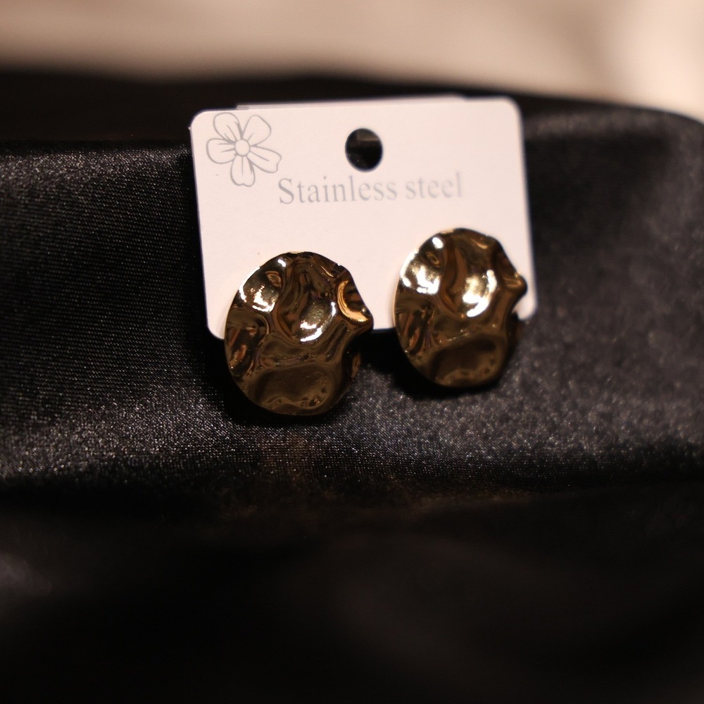 Gold Hammered Molten Disc Stud Earrings Stainless Steel Organic Textured Round